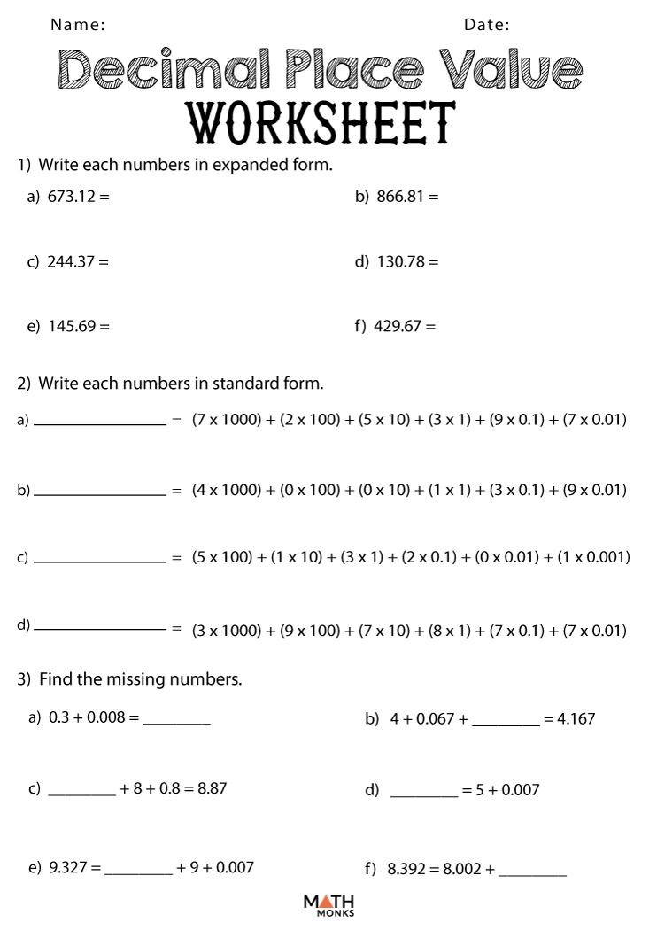 Decimal Place Value Worksheets - Math Monks
