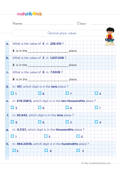 Printable decimal worksheets for Grade 5 with answers