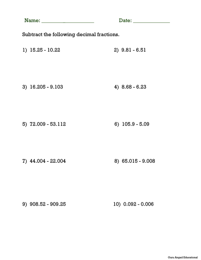 5TH GRADE MATH - SUBTRACTING DECIMALS WORKSHEET — Steemit