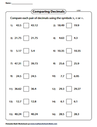 decimal worksheet for 5th grade