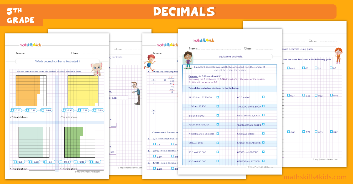 Printable decimal worksheets for Grade 5 with answers