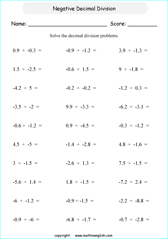 decimal worksheet for 6th grade