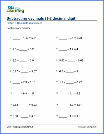 Subtracting decimals (missing numbers) | Worsheets library