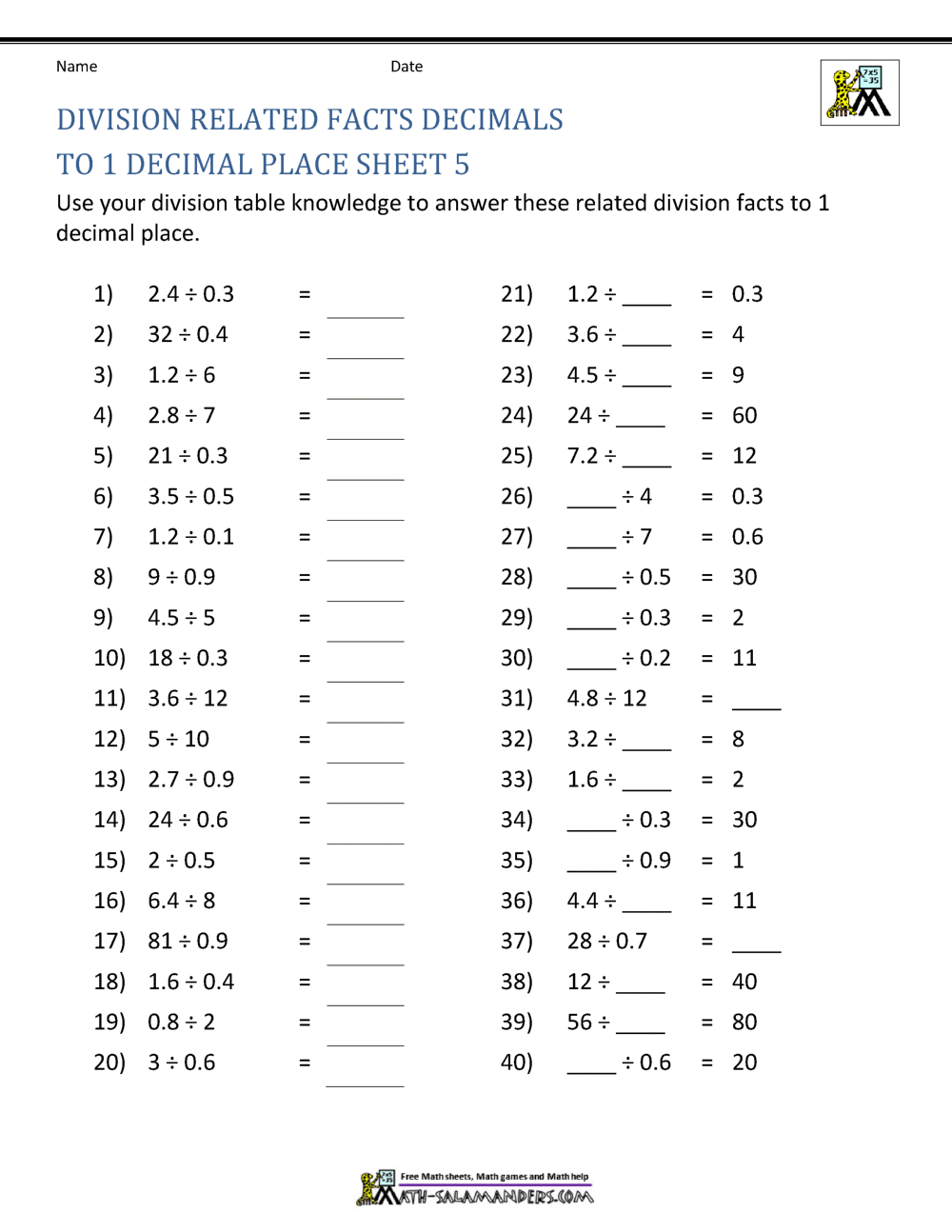 decimal worksheet grade 5