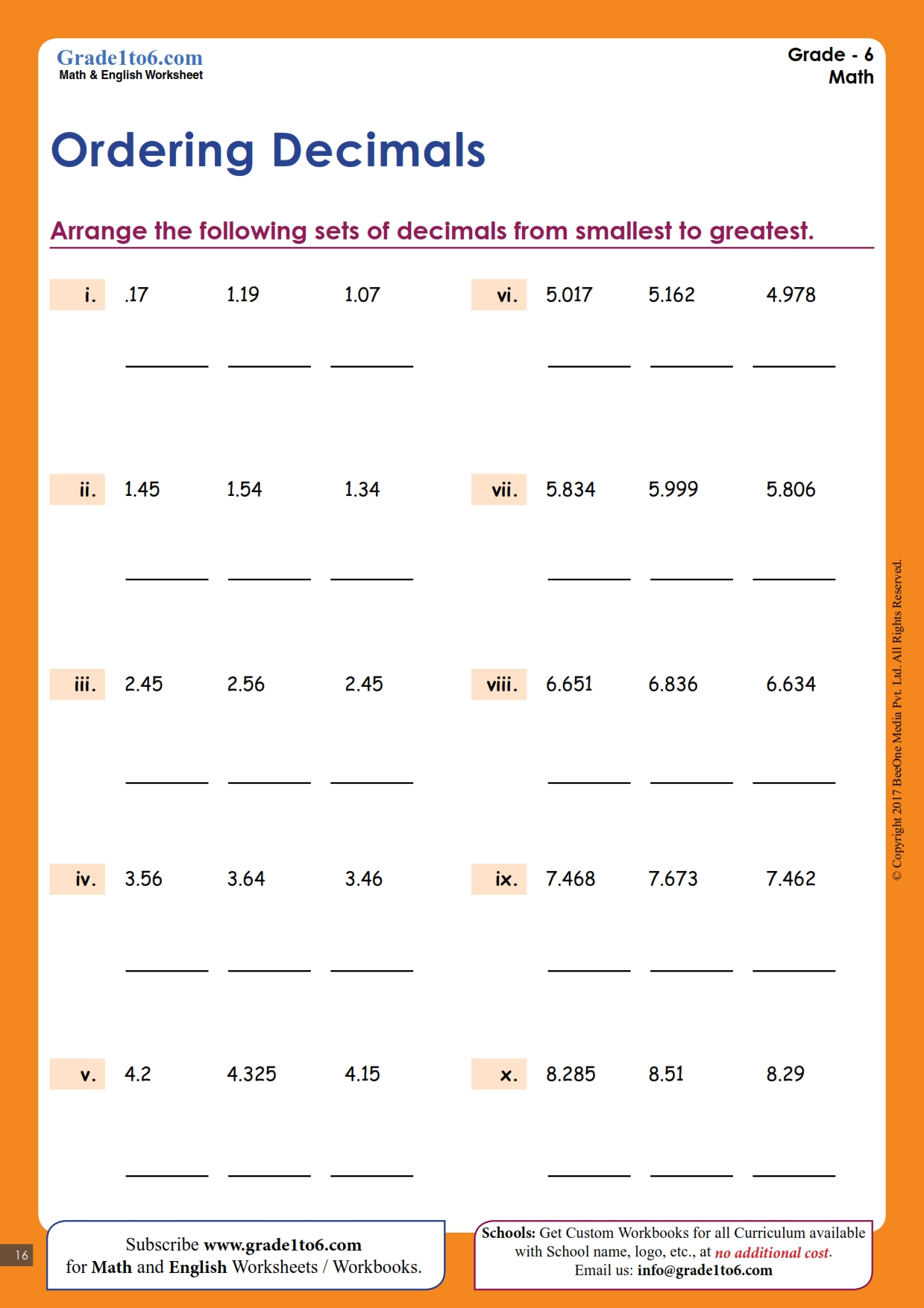 Ordering Decimals Worksheets up to 3dp | Grade1to6