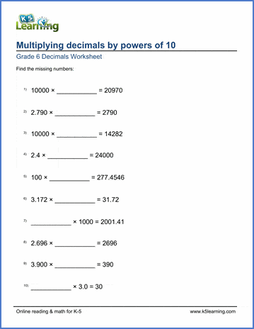 Grade 6 Worksheets: Multiply decimals by 000s (missing factors ...