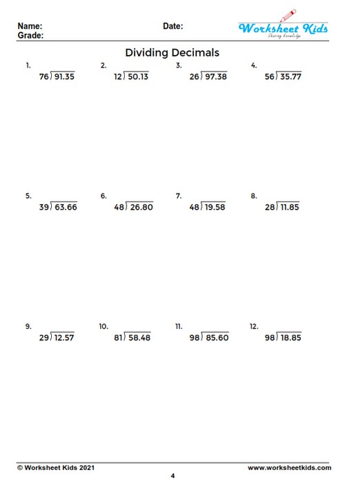 Dividing decimals worksheet for 5th and 6th grade - Free printable PDF