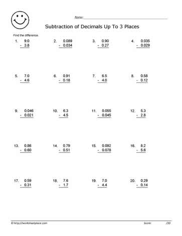 Subtracting Decimals Worksheets