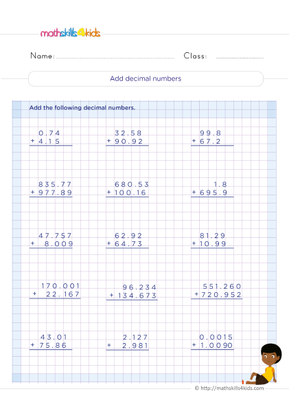 Grade 5 Adding and subtracting decimals worksheets: Free &  printable
