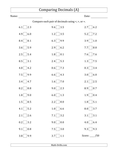 Comparing Decimals Up to Tenths (Both Numbers Random) (A)