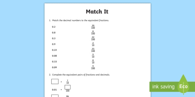 Decimal Equivalent for Tenths and Hundredths Worksheet / Worksheet