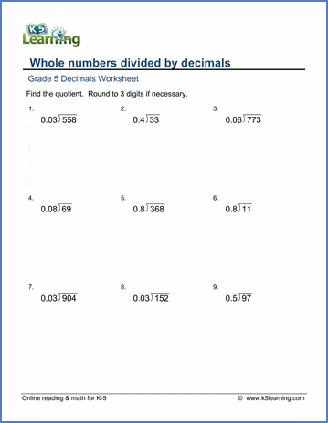 Grade 5 Math Worksheets: Divide whole numbers by decimals | Worsheets library...