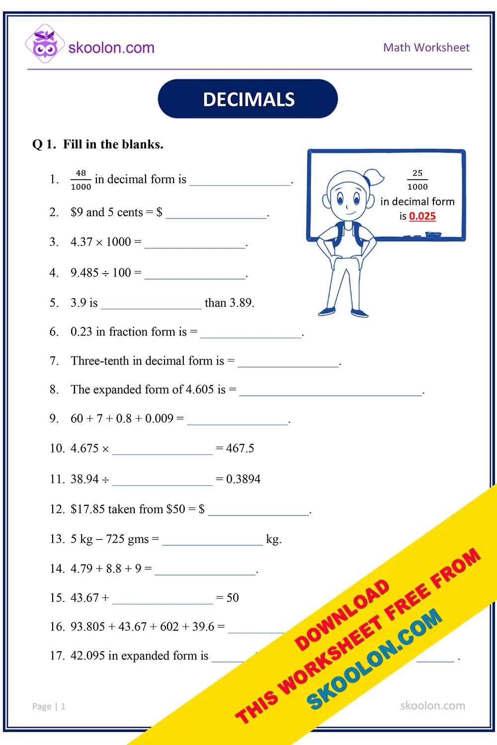 decimal worksheet with answers