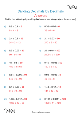decimal worksheet with answers