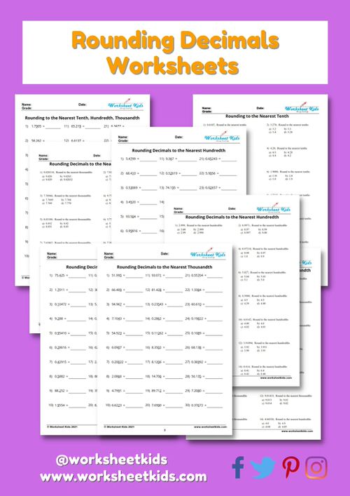 Rounding decimals worksheet for 5th Grade with answer key - Free PDF