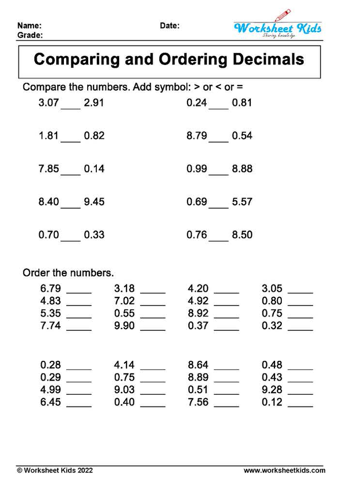 Comparing and Ordering Decimal Worksheets for Grade 4 &amp; 5