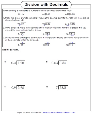decimals divided by decimals worksheet