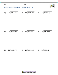 Division of Decimal Numbers Worksheets