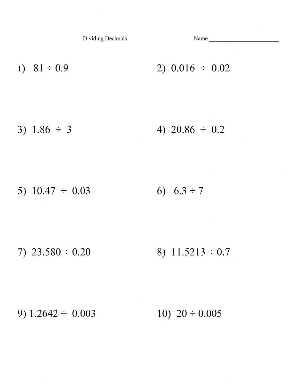 Decimal- Dividing Decimals by Decimals worksheet  