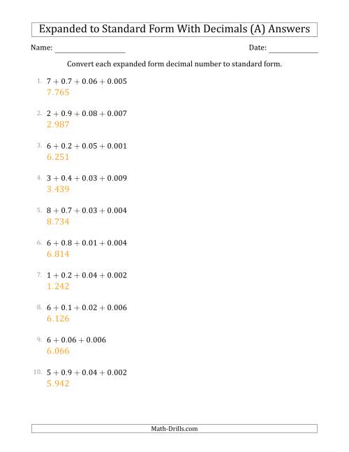 Converting Expanded Form Decimals Using Decimals to Standard Form ...