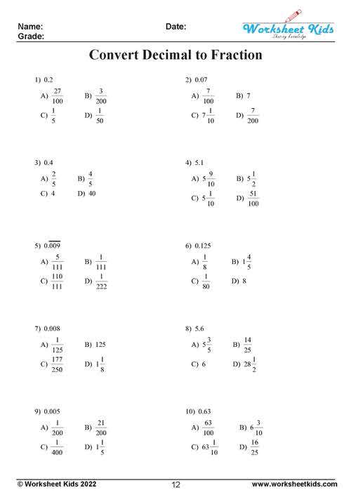 Convert Decimal to Fraction : Free 6th, 7th, 8th Grade Worksheets
