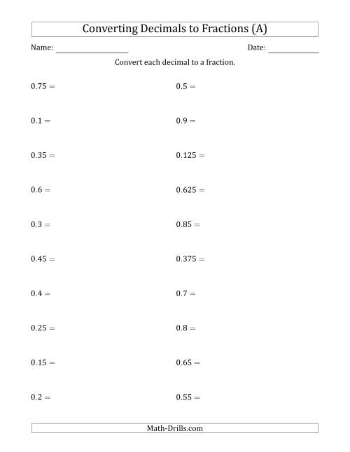 decimals into fractions worksheet