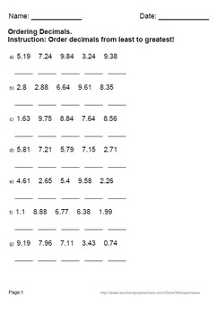 decimals least to greatest worksheet
