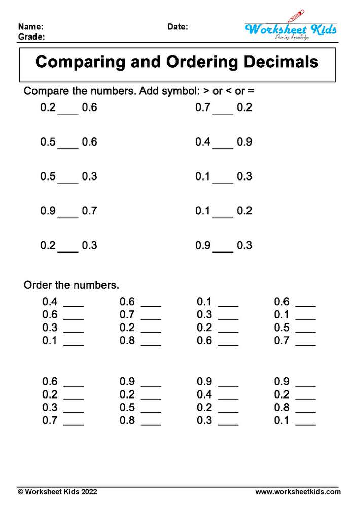 Comparing and Ordering Decimal Worksheets for Grade 4 &amp; 5