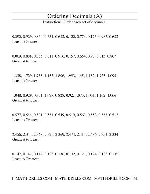 decimals least to greatest worksheet