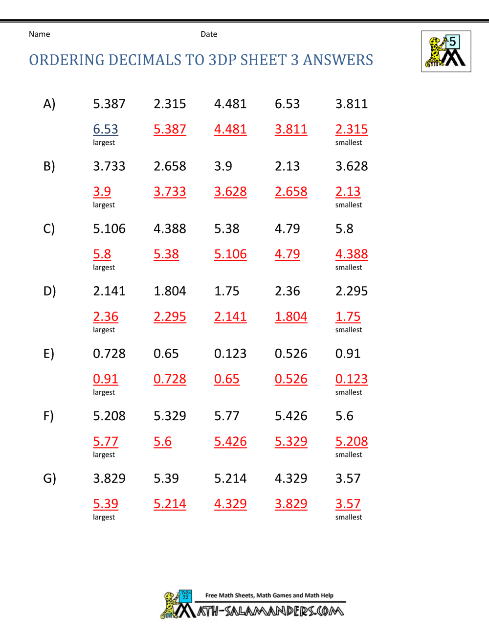 decimals least to greatest worksheet