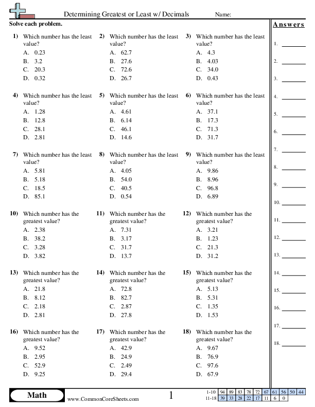 decimals least to greatest worksheet