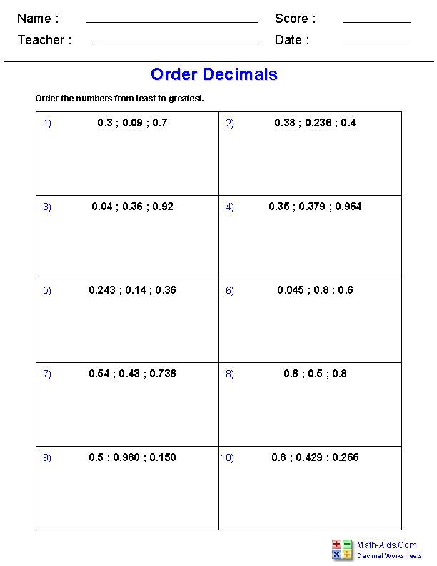 decimals least to greatest worksheet