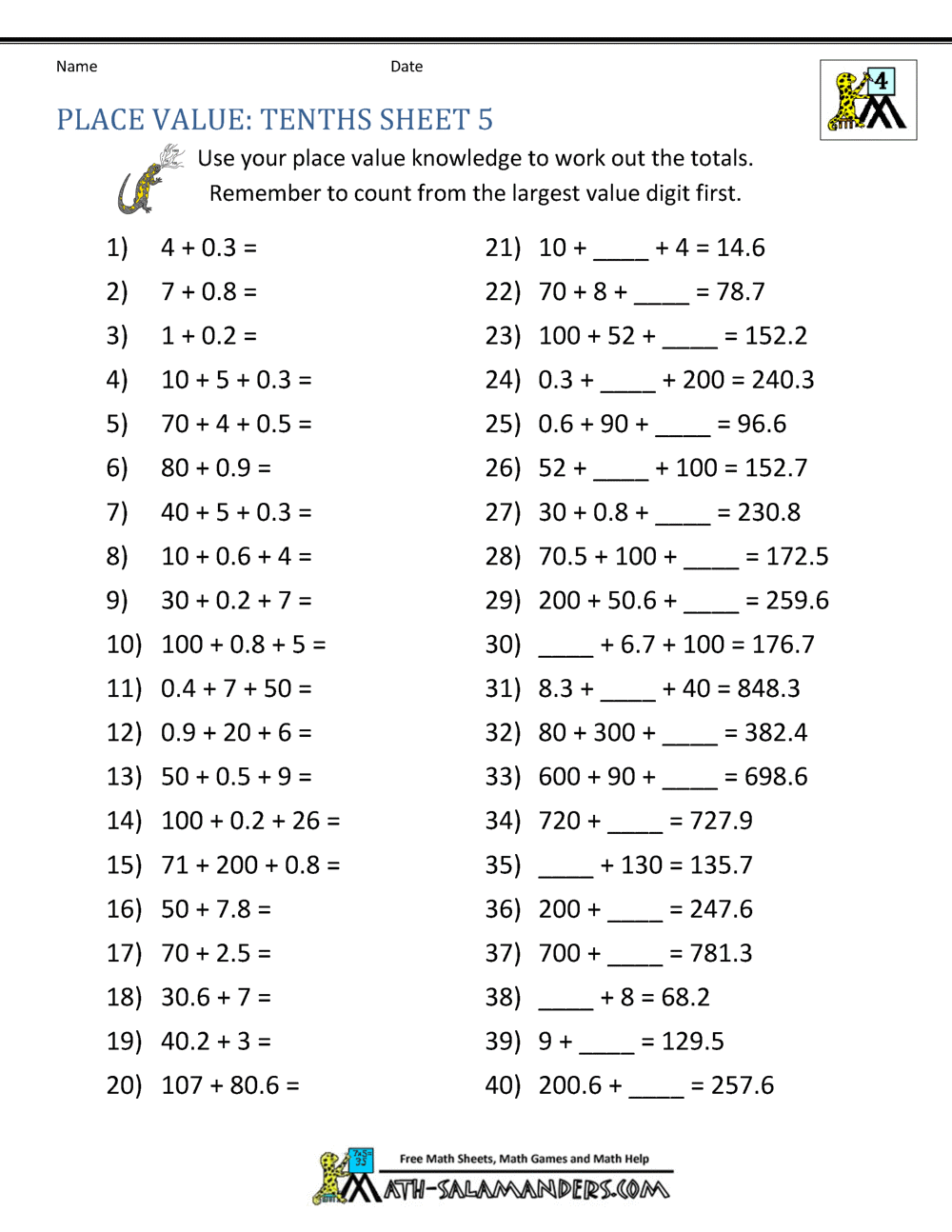 decimals maths worksheet