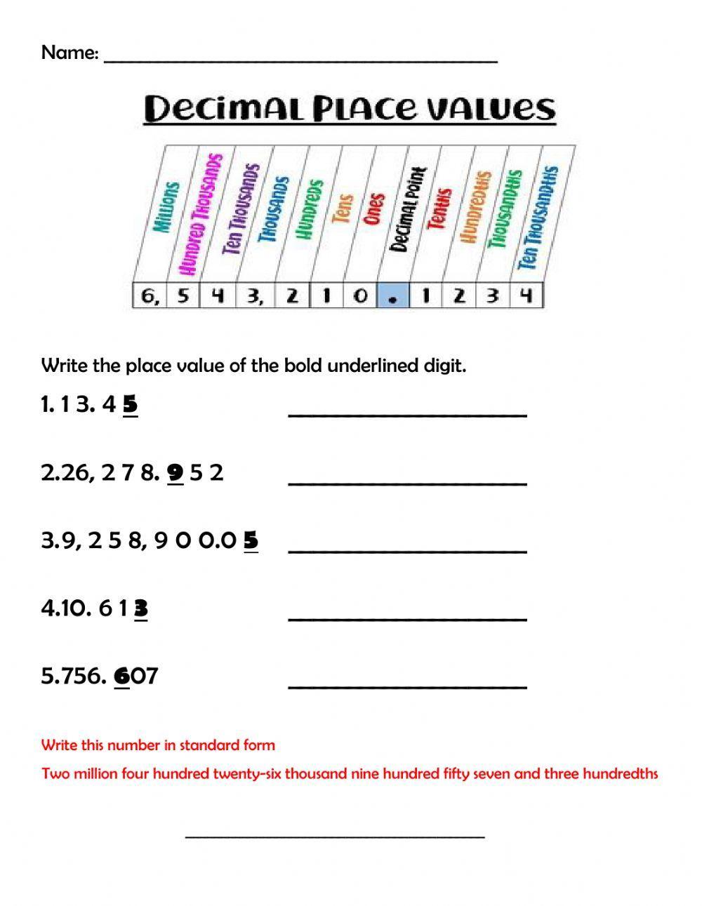 decimal place value interactive exercise  
