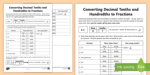 decimals tenths and hundredths fractions worksheet