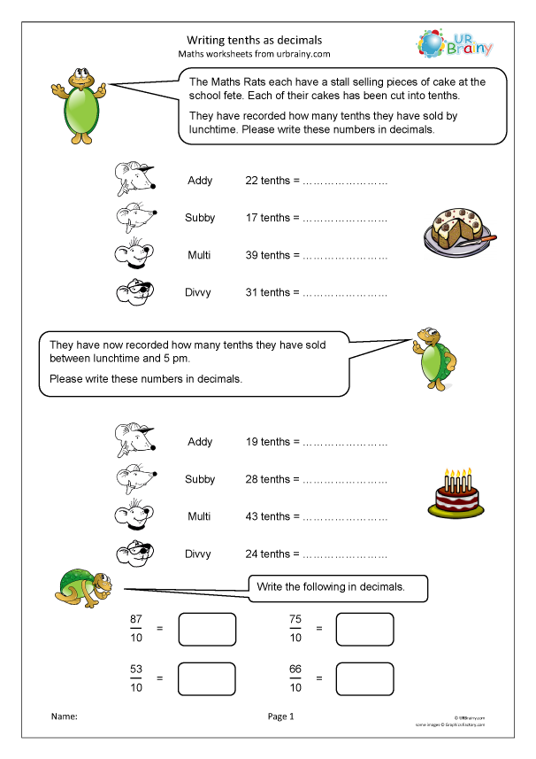 Writing tenths as decimals - Fraction and Decimal Worksheets for ...
