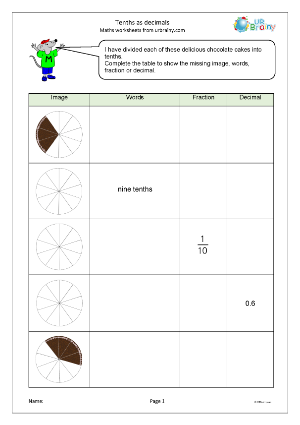 Tenths as decimals - Fraction and Decimal Worksheets for Year 4 ...