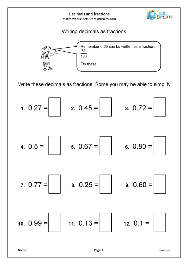 Decimals and fractions - Fraction and Decimal Worksheets for Year ...