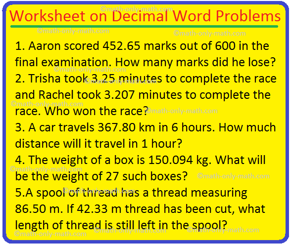 Worksheet on Decimal Word Problems |Prob Involving Order of Operations