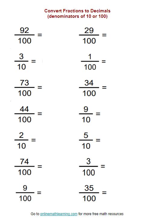 Convert Fractions to Decimals Worksheets (examples, solutions