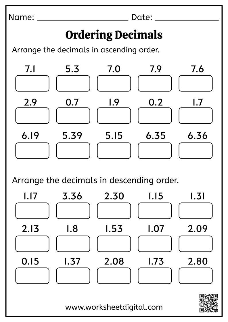 Ordering Decimals - Worksheet Digital