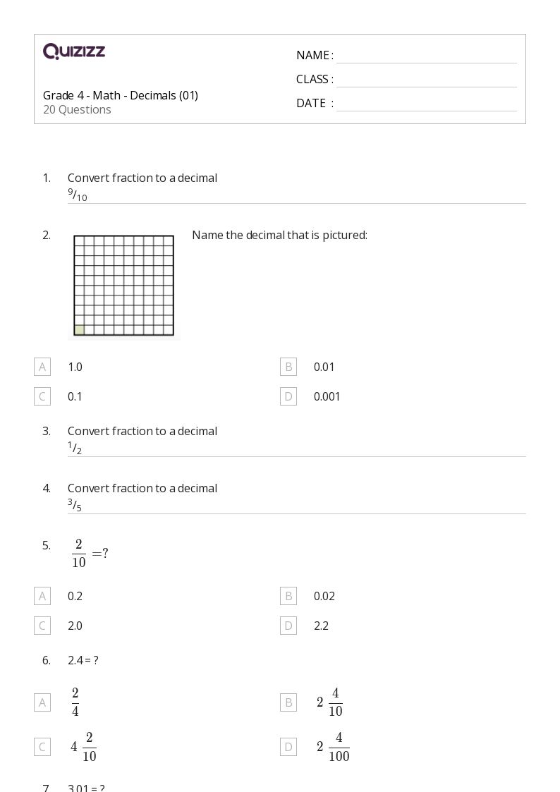 50  Decimals worksheets for 4th Class on Quizizz Free Printable