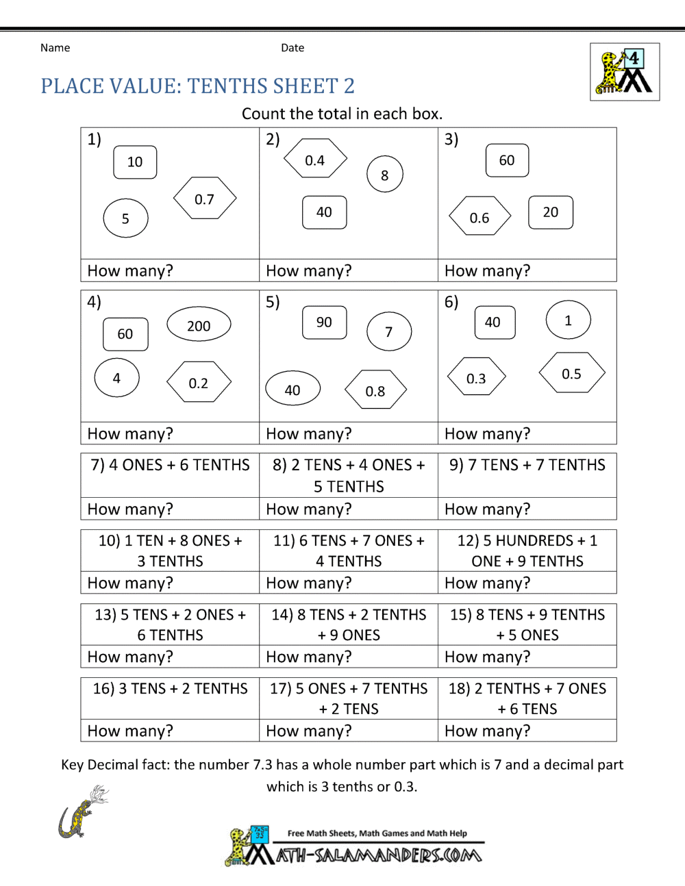 decimals worksheet 4th grade