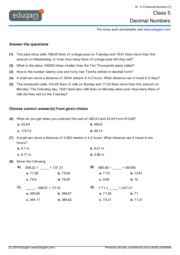 Grade 5 Math Worksheets and Problems: Decimal Numbers | Edugain ...