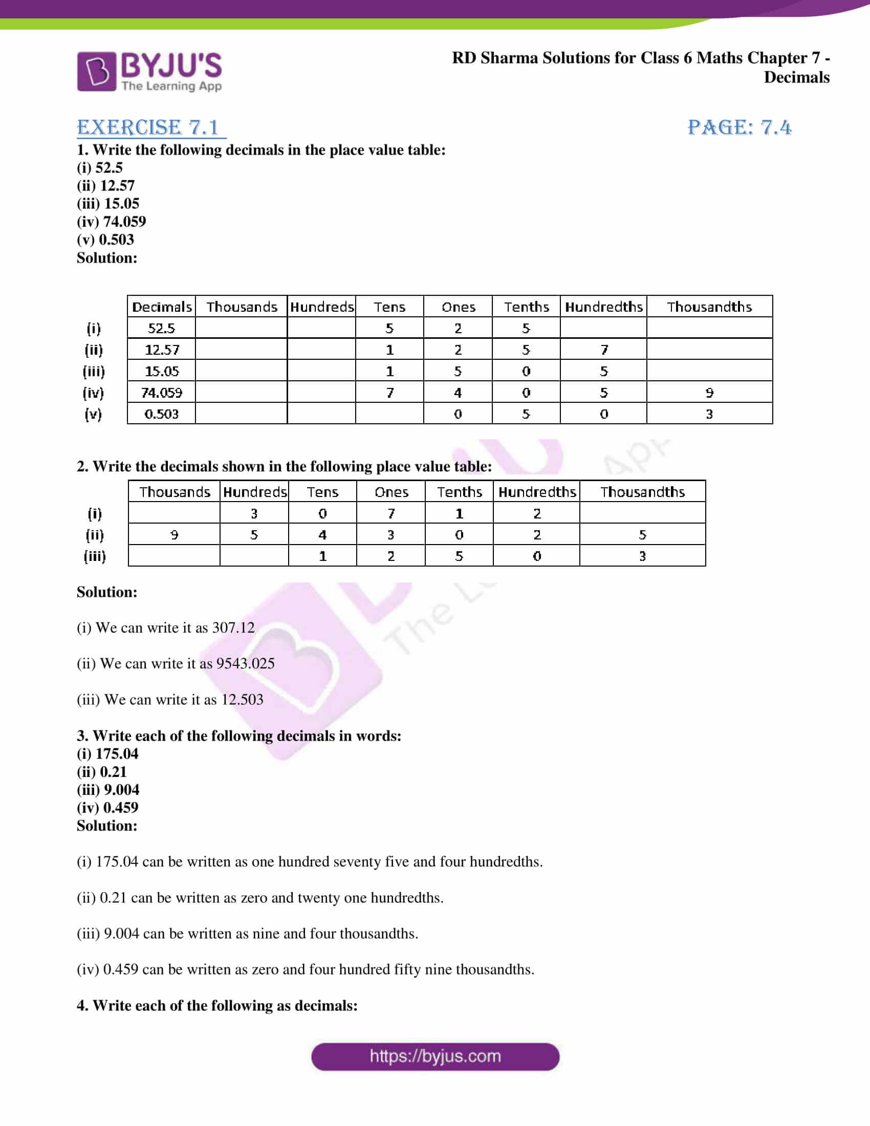 RD Sharma Solutions for Class 6 Chapter 7 Decimals avail free PDF