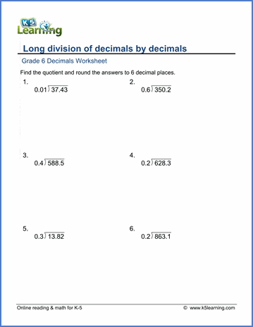 Grade 6 Math Worksheets: Long division of decimals (2-digits) | Worsheets library...