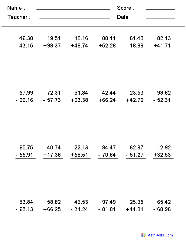 Decimals Worksheets | Dynamically Created Decimal Worksheets