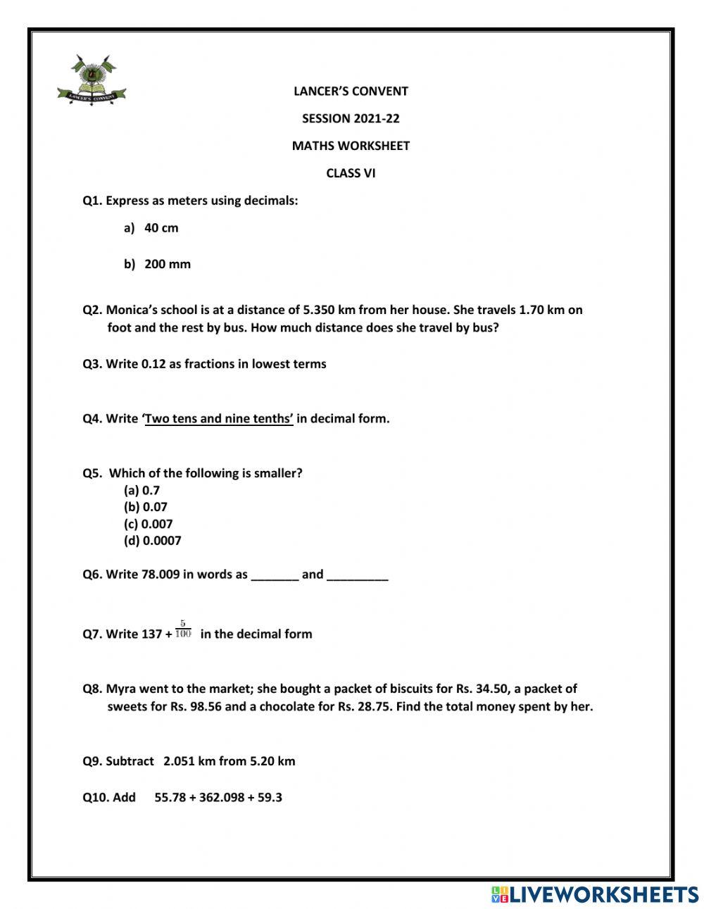 Class 6 Decimals Worksheet worksheet  
