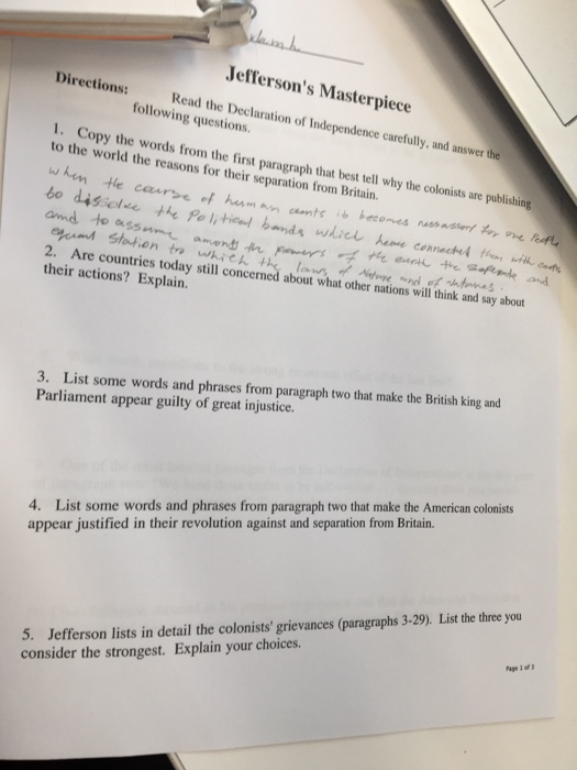 declaration of independence worksheet answers