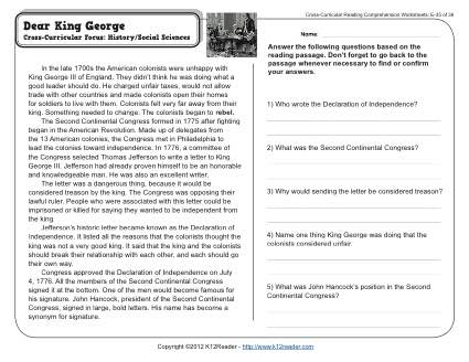 Dear King George | 5th Grade Reading Comprehension Worksheet